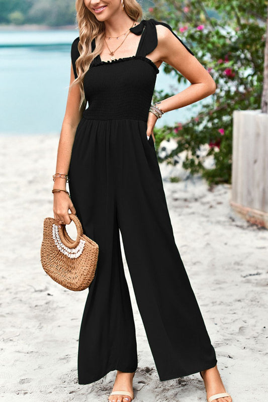 Buy Frill Trim Tie Shoulder Wide Leg Jumpsuit with Pockets by Faz