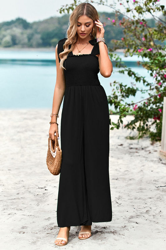 Buy Frill Trim Tie Shoulder Wide Leg Jumpsuit with Pockets by Faz