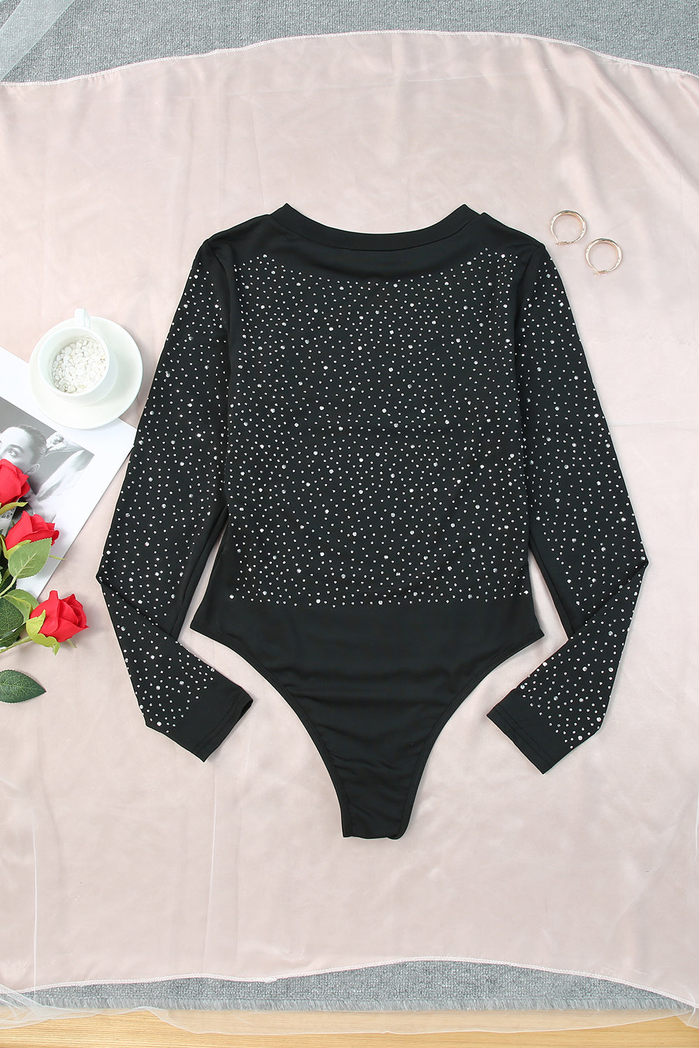 Buy Rhinestone Round Neck Long Sleeve Bodysuit by Faz