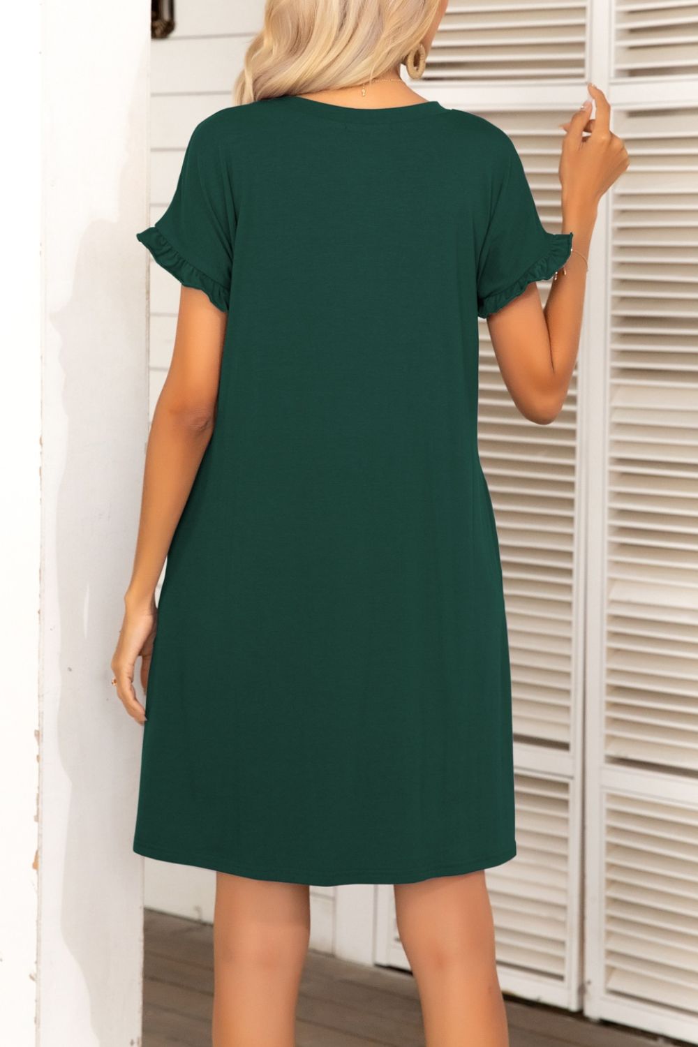 Buy Flounce Sleeve Round Neck Dress with Pockets by Putica