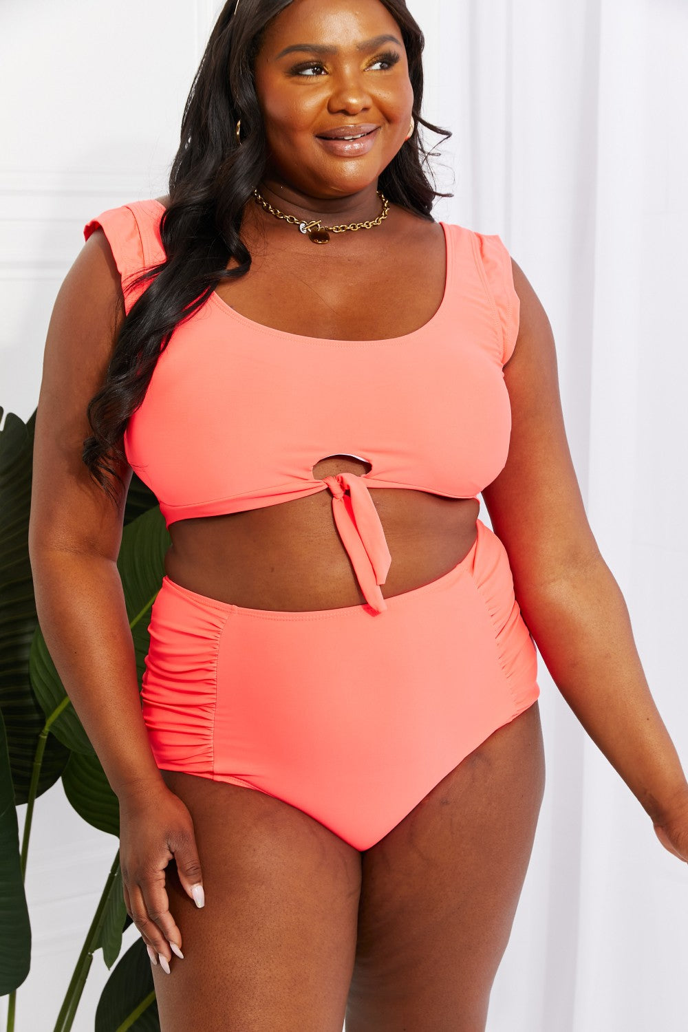 Buy Sanibel Crop Swim Top and Ruched Bottoms Set in Coral by Marina West Swim