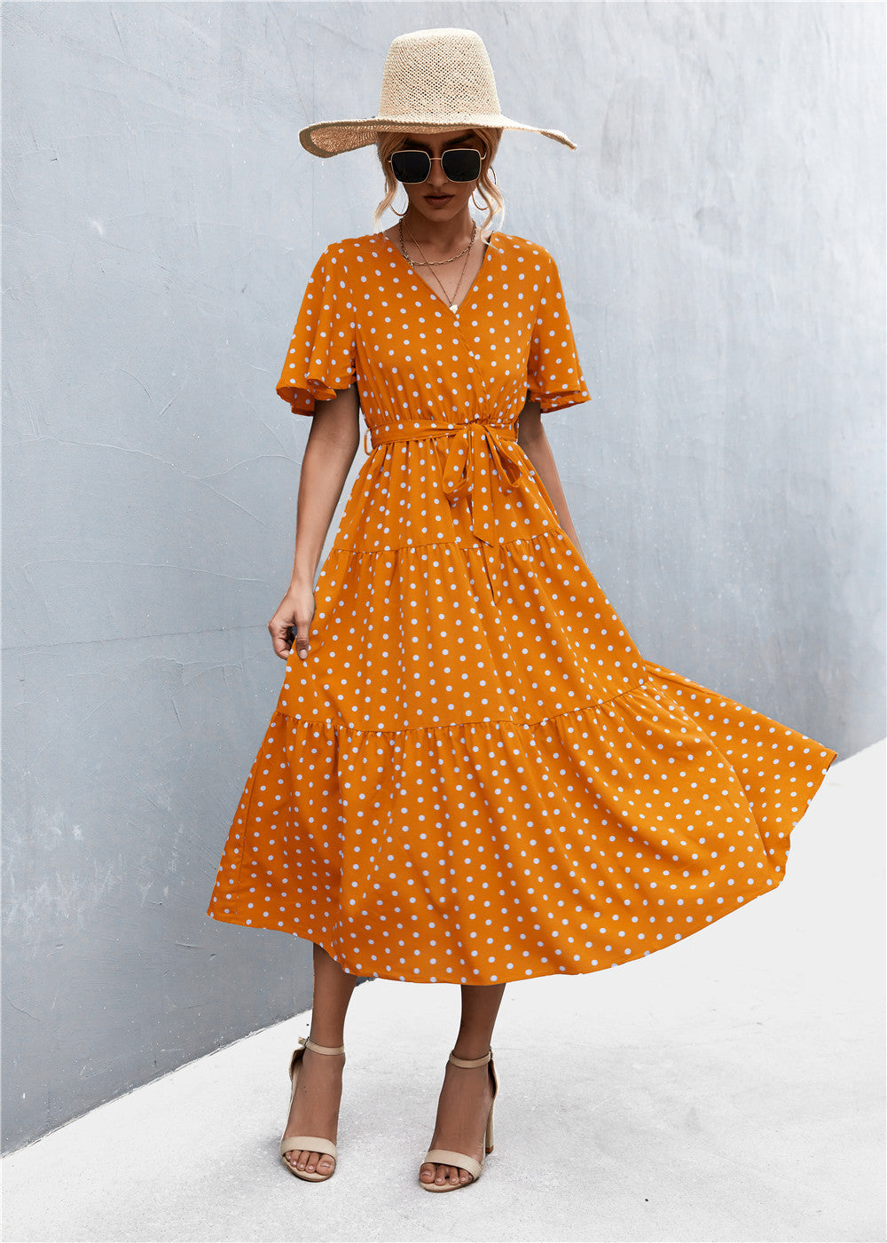 Buy Printed V-Neck Flutter Sleeve Belted Dress by YO