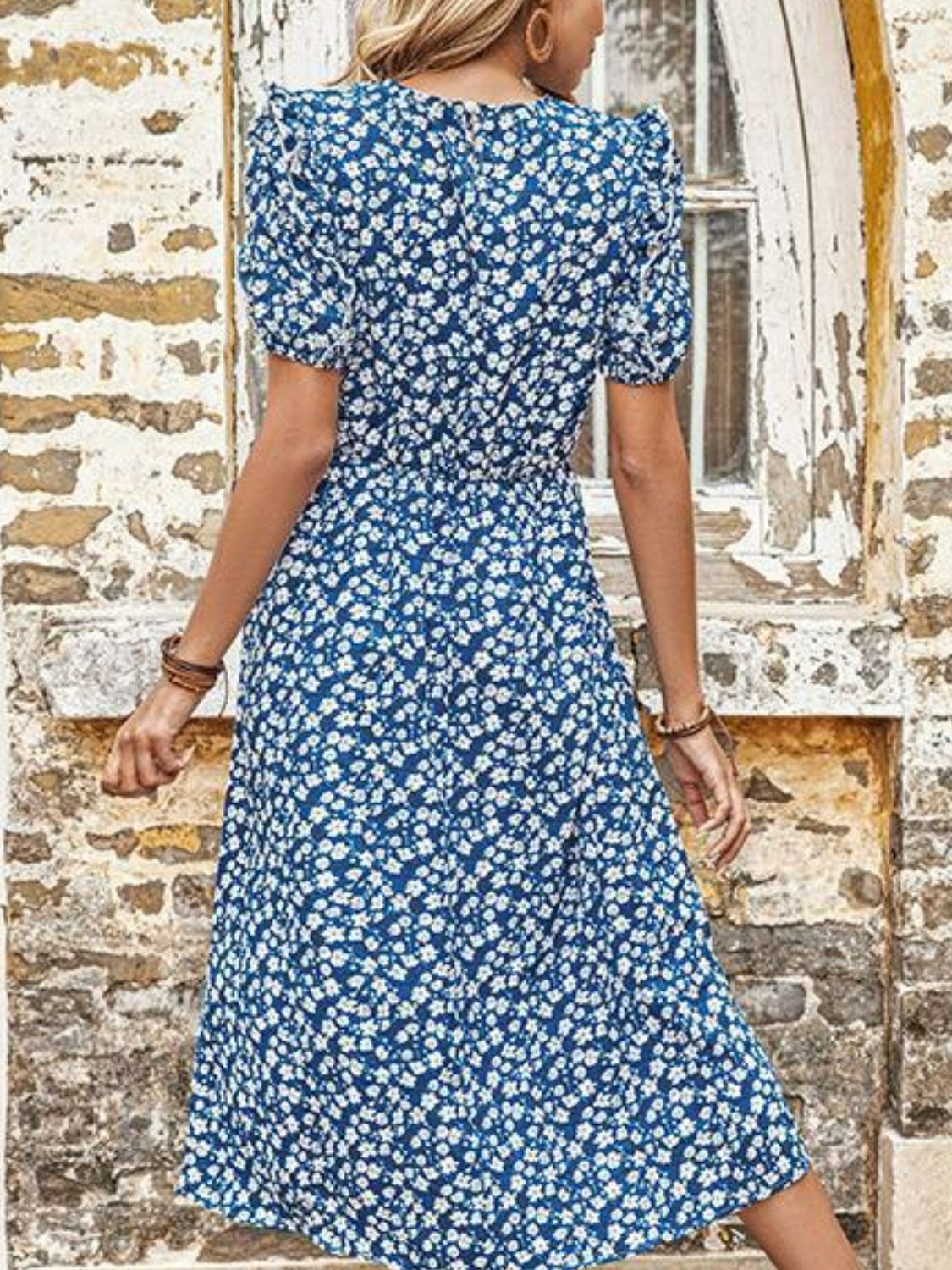 Buy Floral Round Neck Split Midi Dress by Hundredth