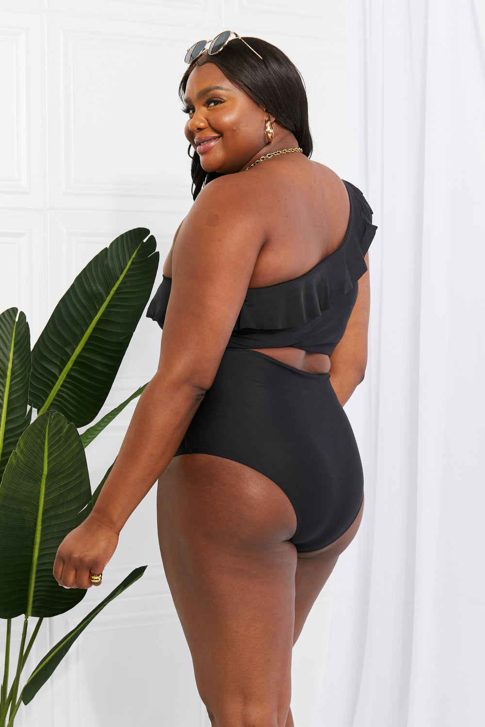 Buy Seaside Romance Ruffle One-Shoulder Bikini in Black by Marina West Swim