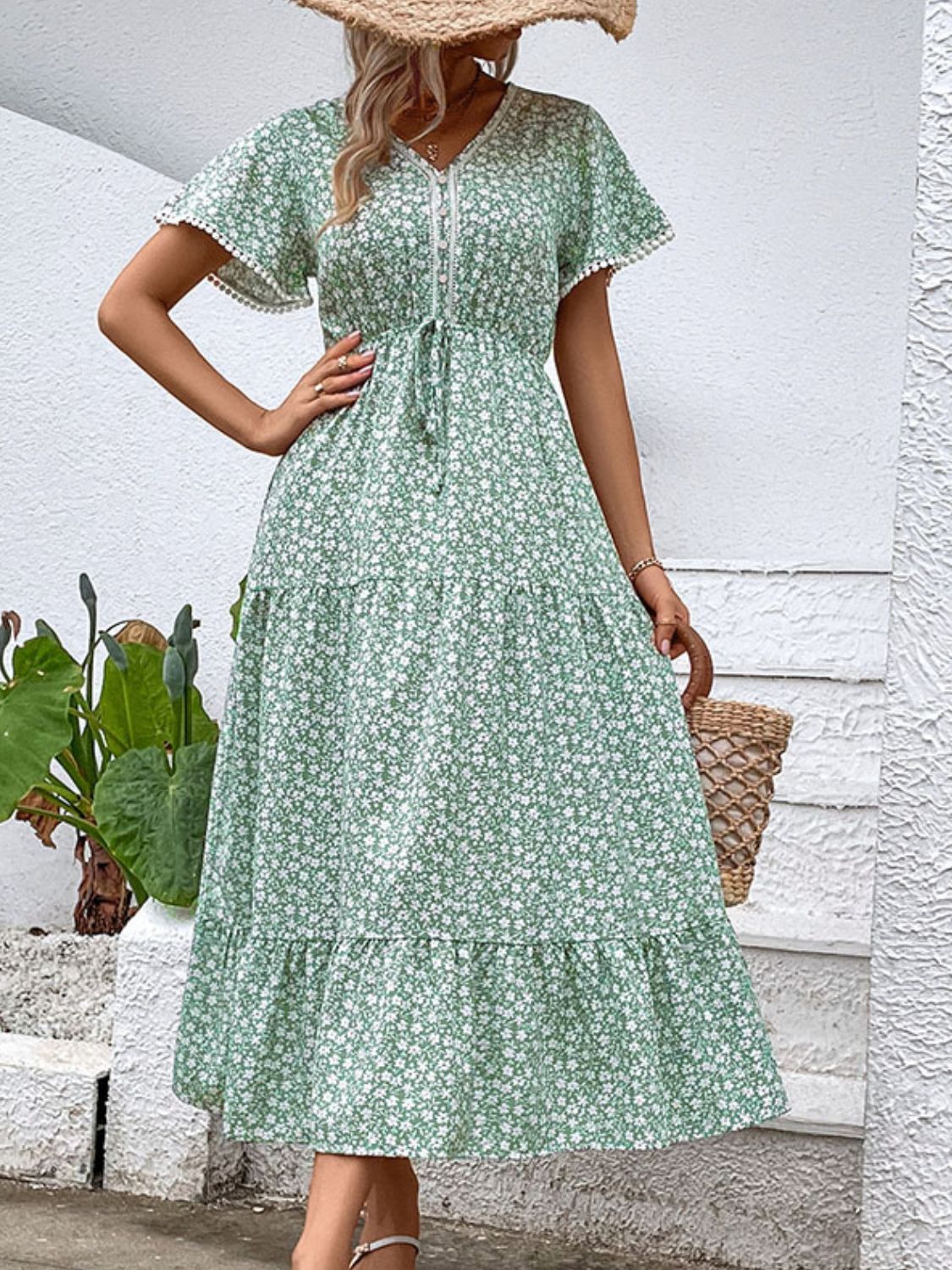 Buy Ditsy Floral V-Neck Tiered Dress by Hundredth