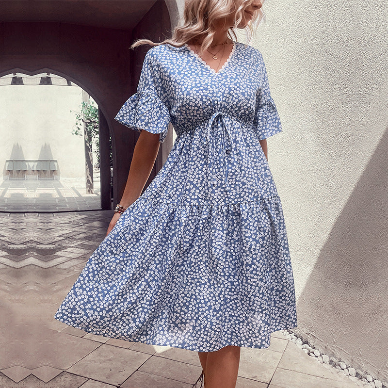 Buy Floral Flounce Sleeve V-Neck Dress by Hundredth