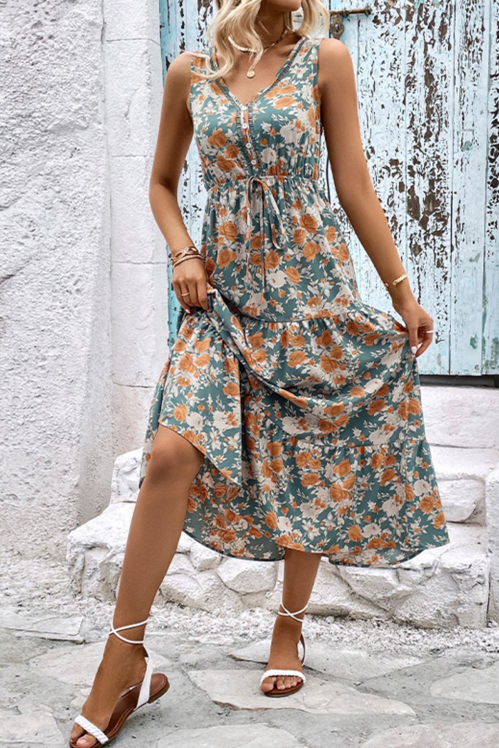 Buy Floral V-Neck Tiered Sleeveless Dress by Faz