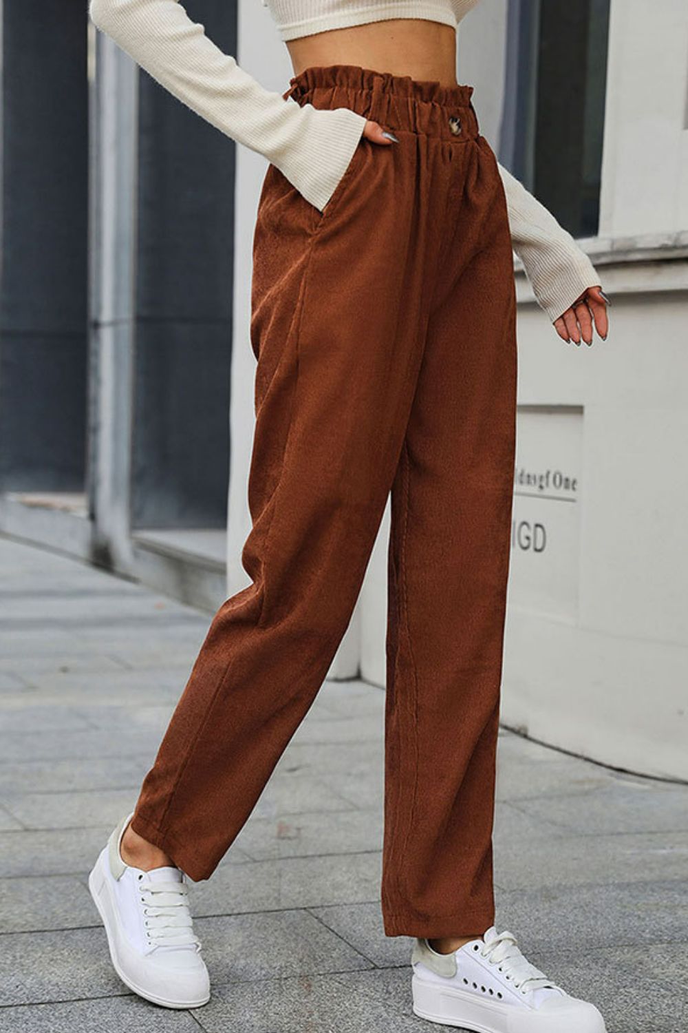 Buy Paperbag Waist Straight Leg Pants with Pockets by Faz