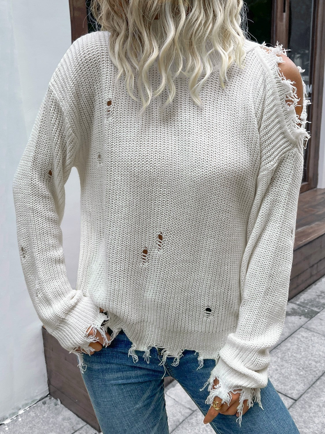 Buy Distressed High Neck Cold-Shoulder Sweater by Faz