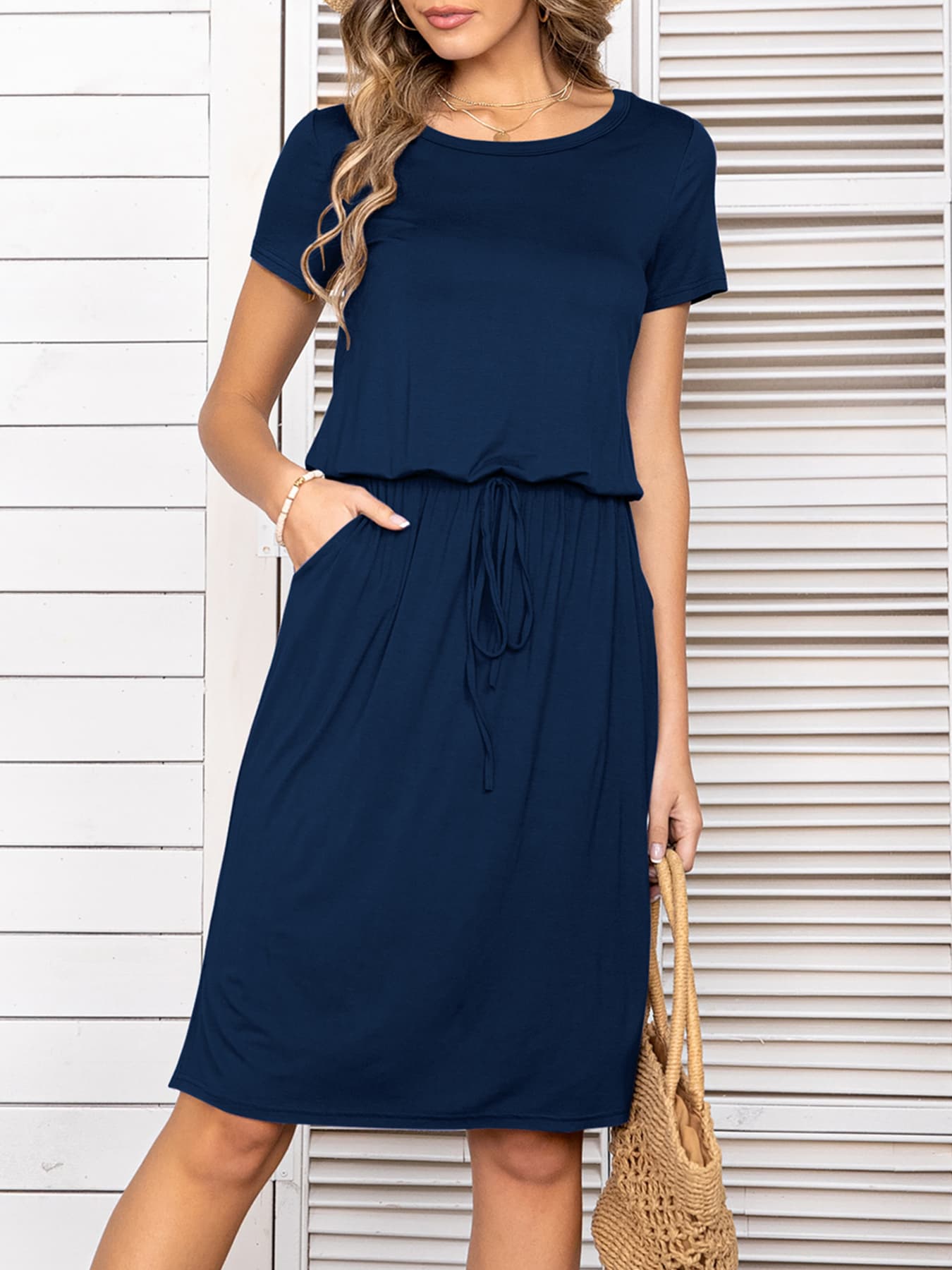 Buy Round Neck Short Sleeve Slit Dress with Pockets by Putica