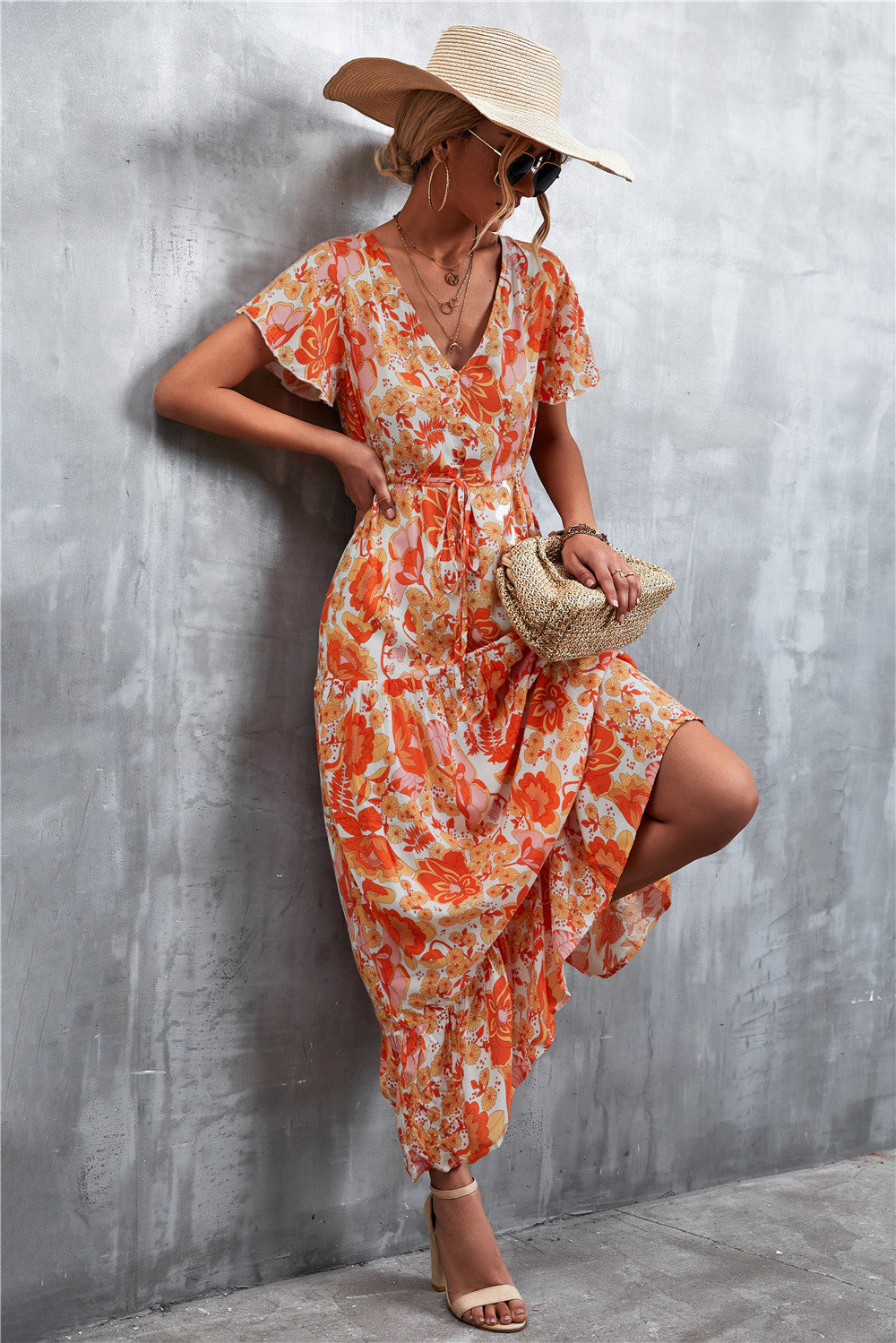 Buy Floral Buttoned Drawstring Waist Tiered Dress by Faz