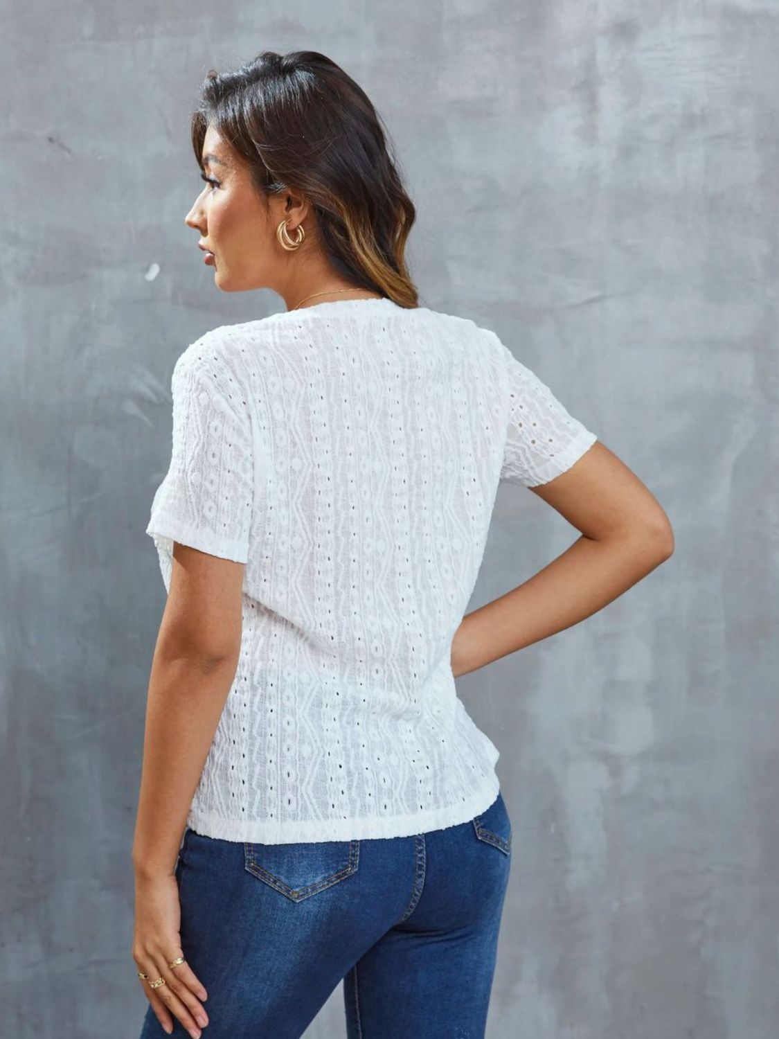 Buy Openwork Short Sleeve Round Neck Top by Faz