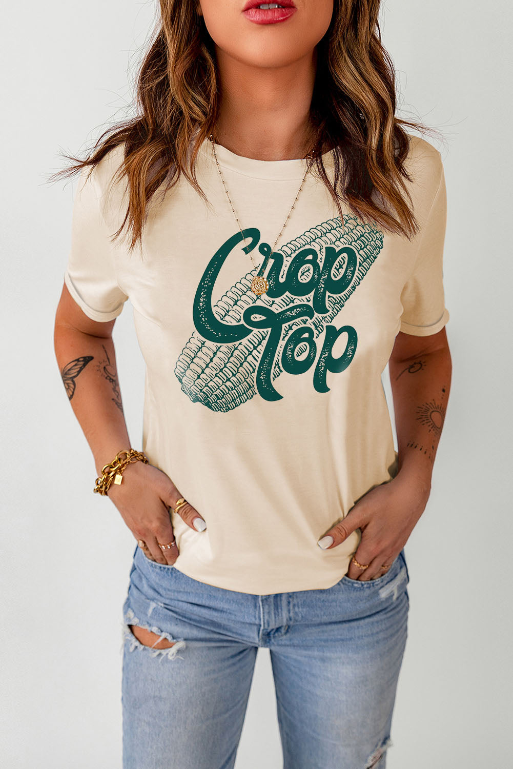 Buy Corn Letter Graphic Cuffed Tee by Faz