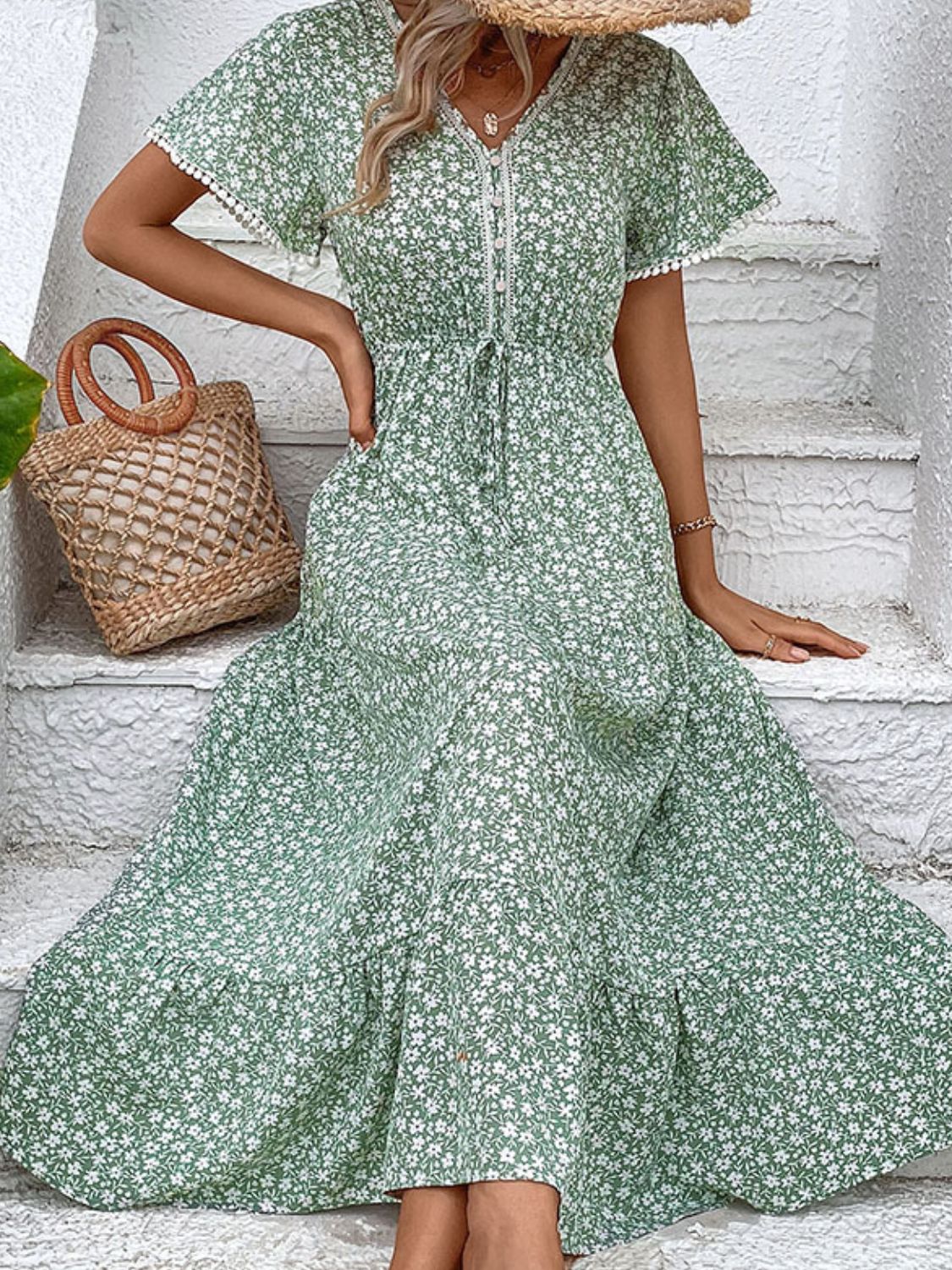 Buy Ditsy Floral V-Neck Tiered Dress by Hundredth
