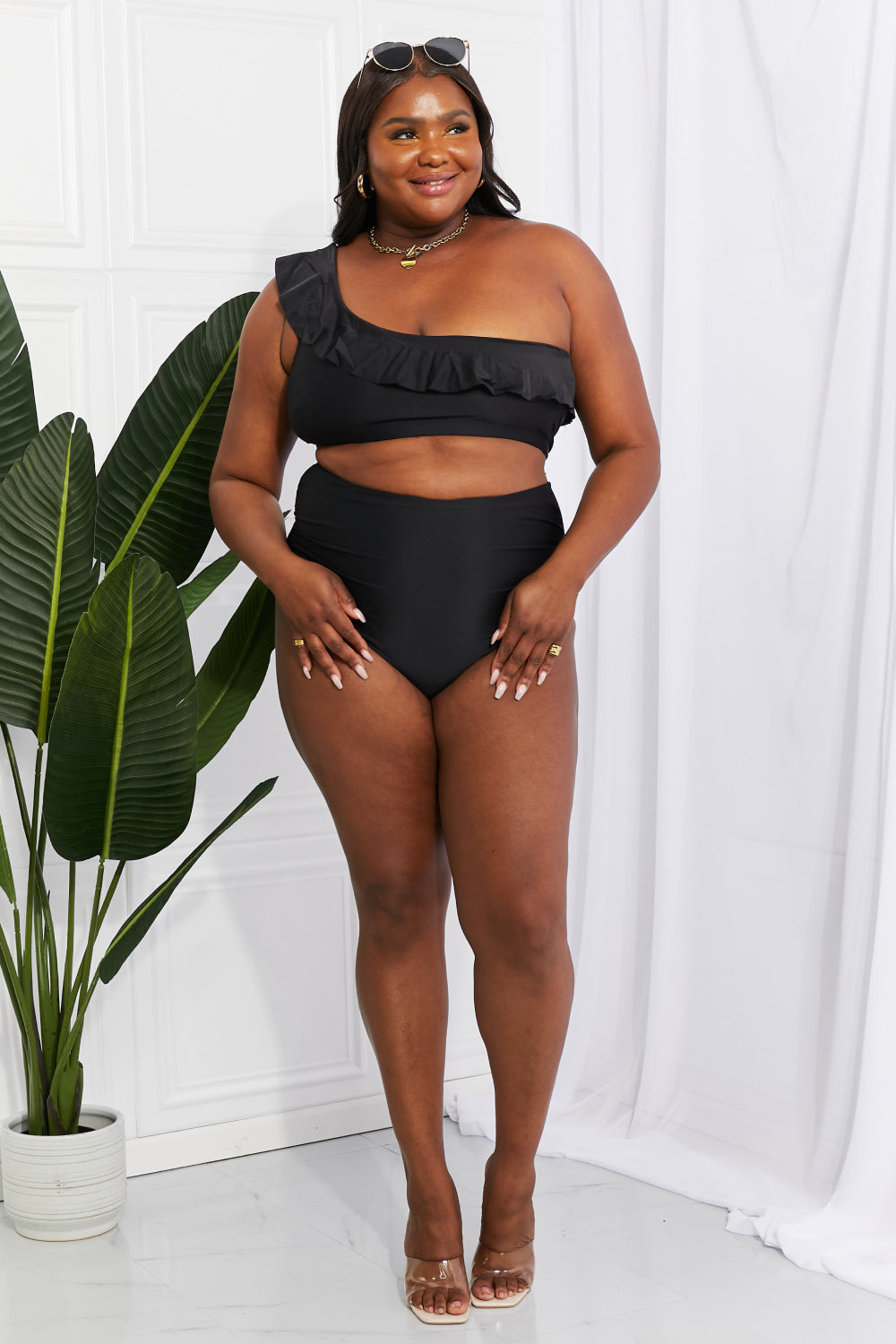 Buy Seaside Romance Ruffle One-Shoulder Bikini in Black by Marina West Swim