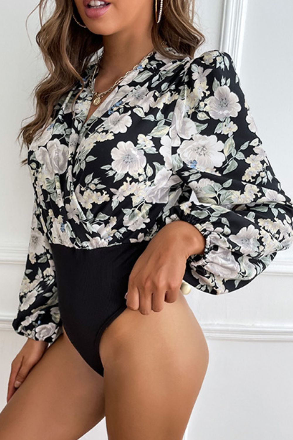 Buy Floral Surplice Neck Puff Sleeve Bodysuit by Faz