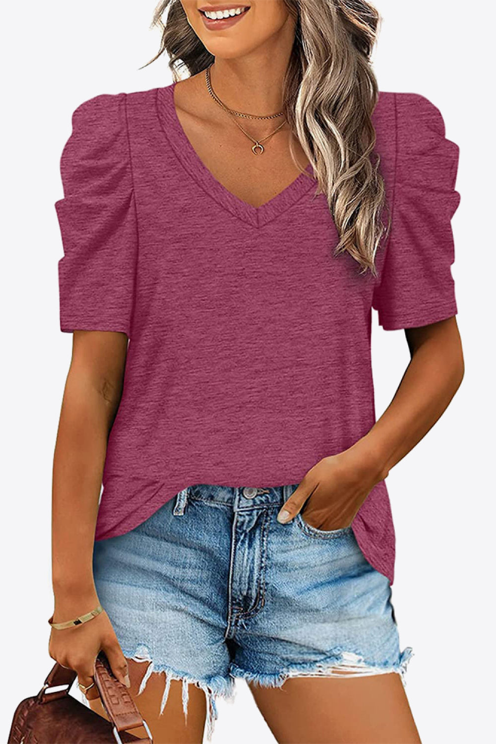 Buy V-Neck Puff Sleeve Tee by Faz