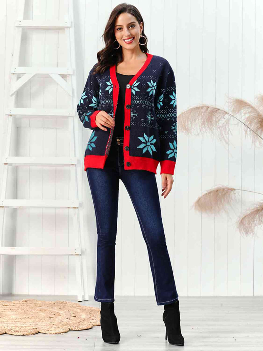 Buy Snowflake Pattern Button Down Cardigan by Faz