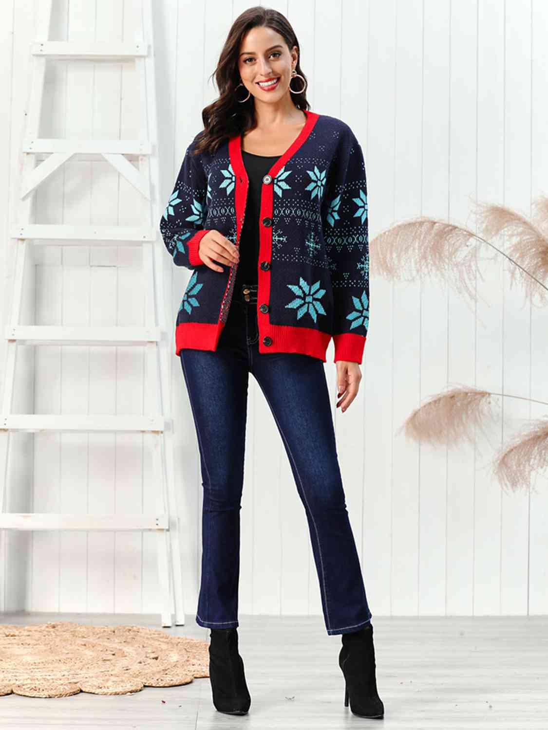 Buy Snowflake Pattern Button Down Cardigan by Faz