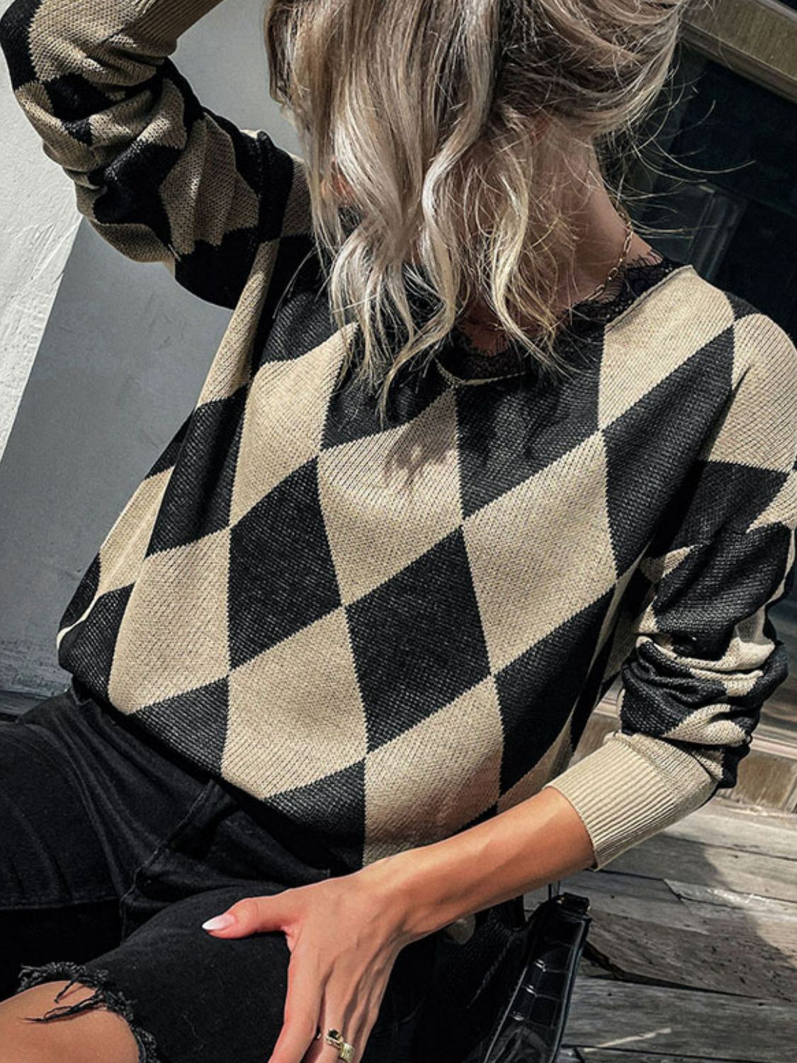 Buy Argyle Eyelash Lace Trim Dropped Shoulder Sweater by Faz