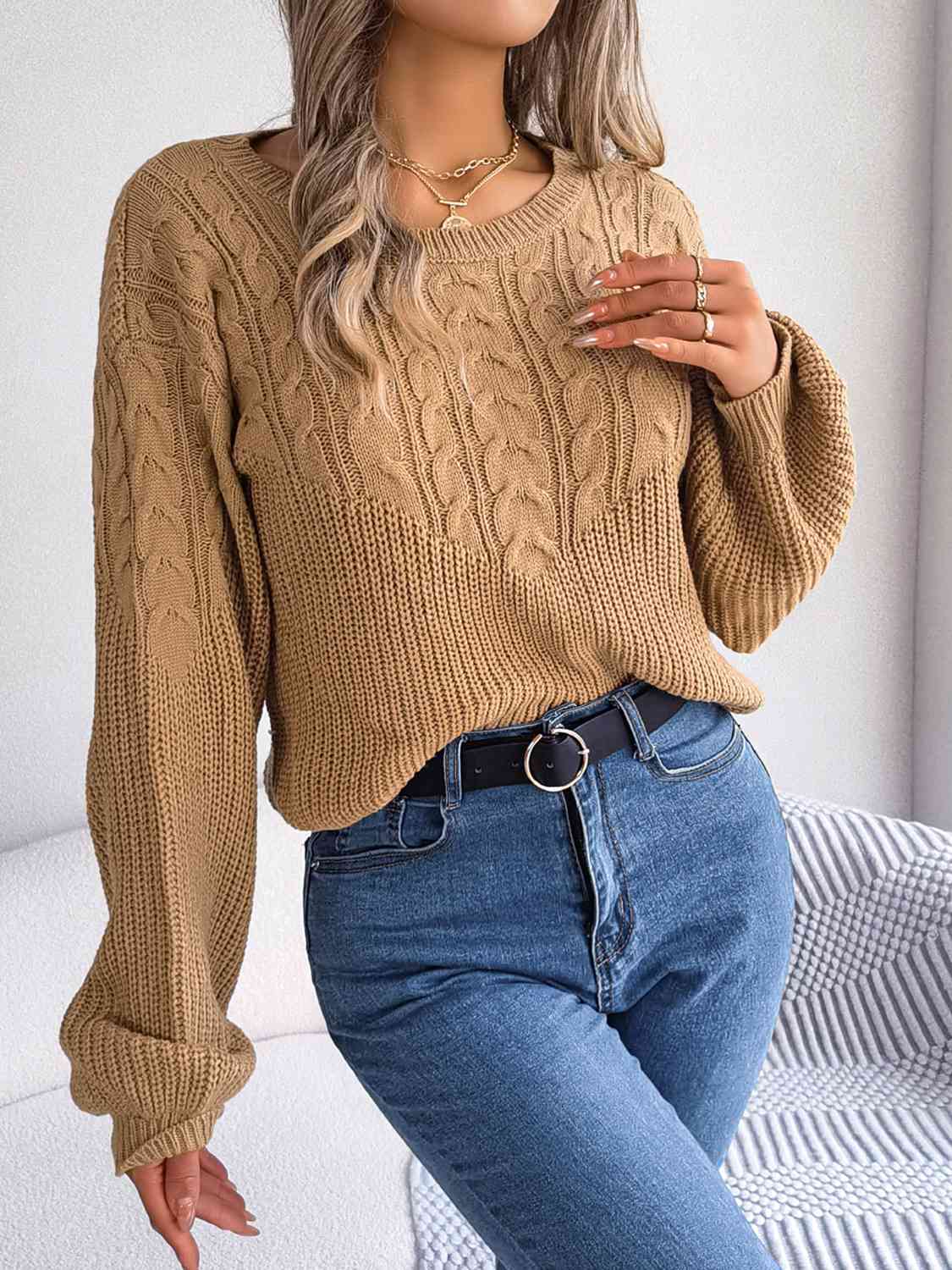 Buy Cable-Knit Round Neck Drop Shoulder Sweater by B.J.S