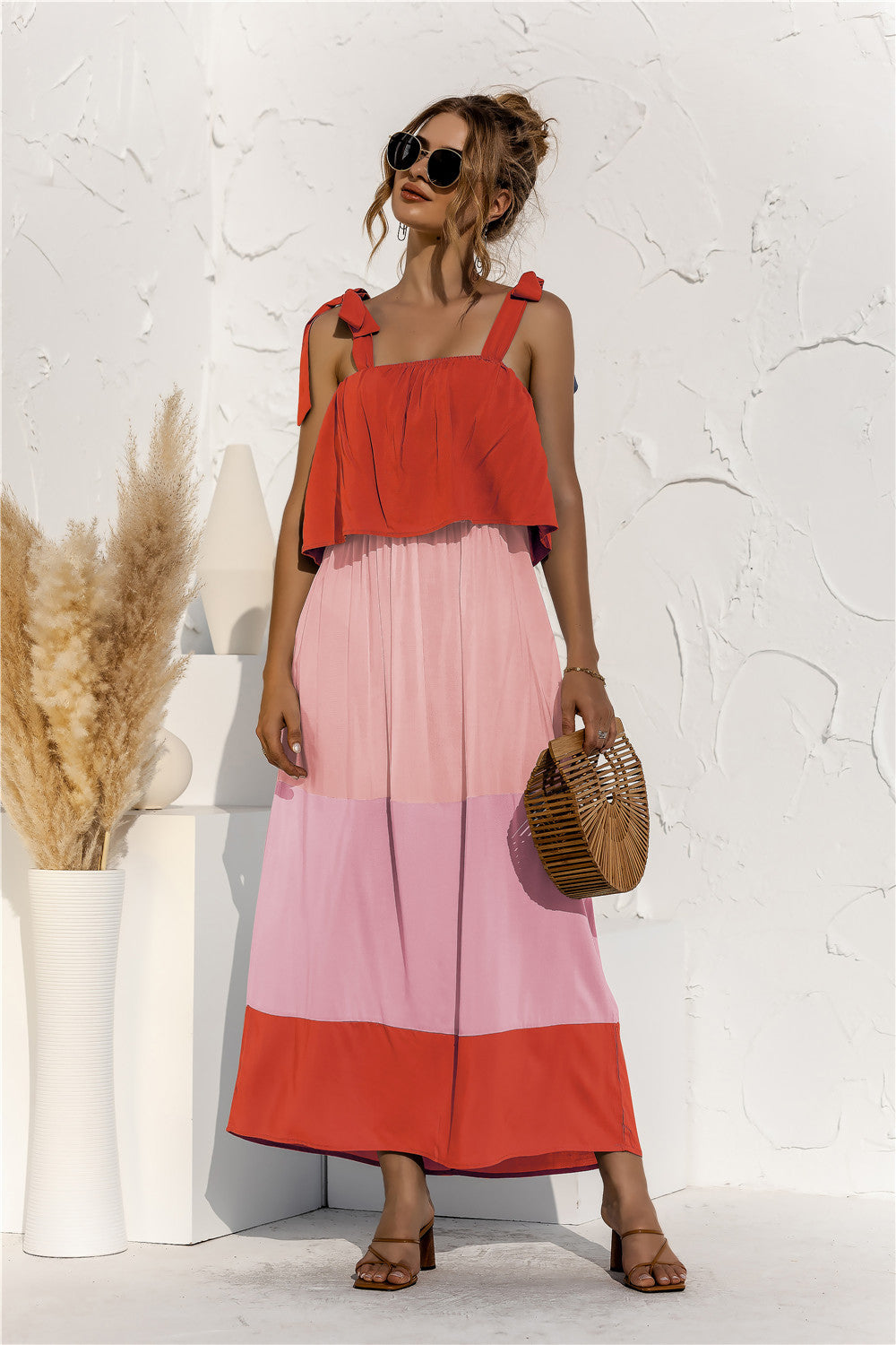 Buy Color Block Tie Shoulder Tiered Sleeveless Dress by Faz