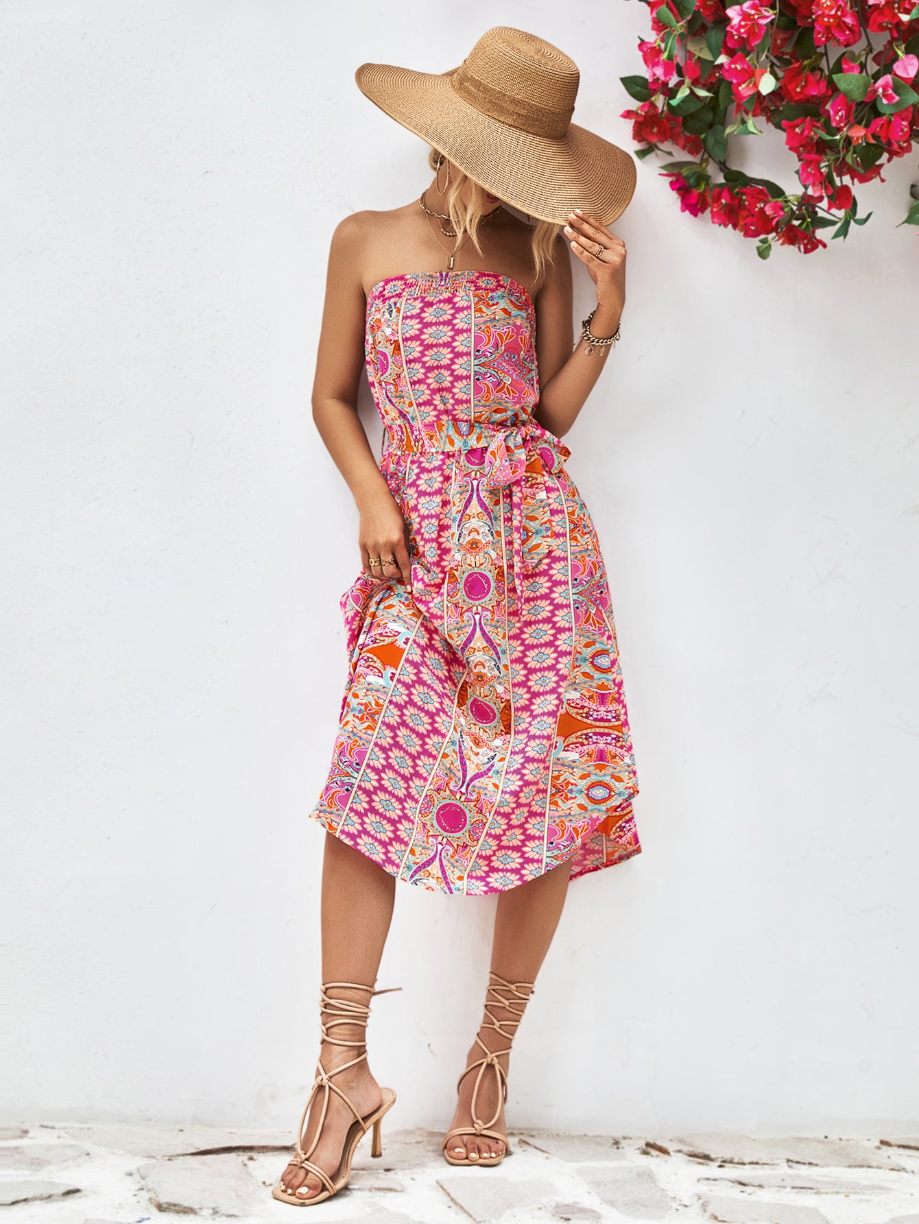 Buy Printed Strapless Tie Belt Dress by YO