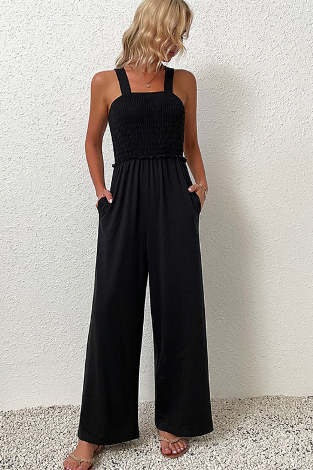 Buy Smocked Sleeveless Wide Leg Jumpsuit with Pockets by Faz