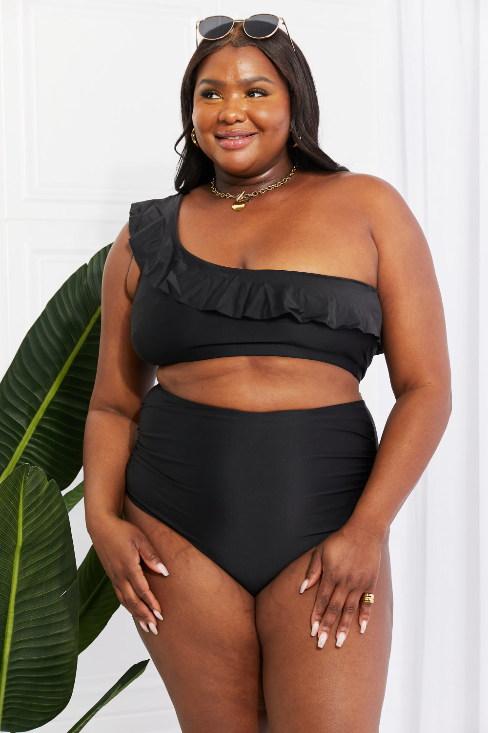 Buy Seaside Romance Ruffle One-Shoulder Bikini in Black by Marina West Swim