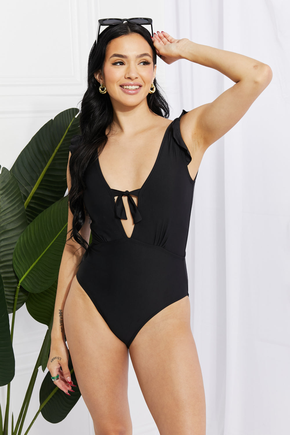 Buy Seashell Ruffle Sleeve One-Piece in Black by Marina West Swim