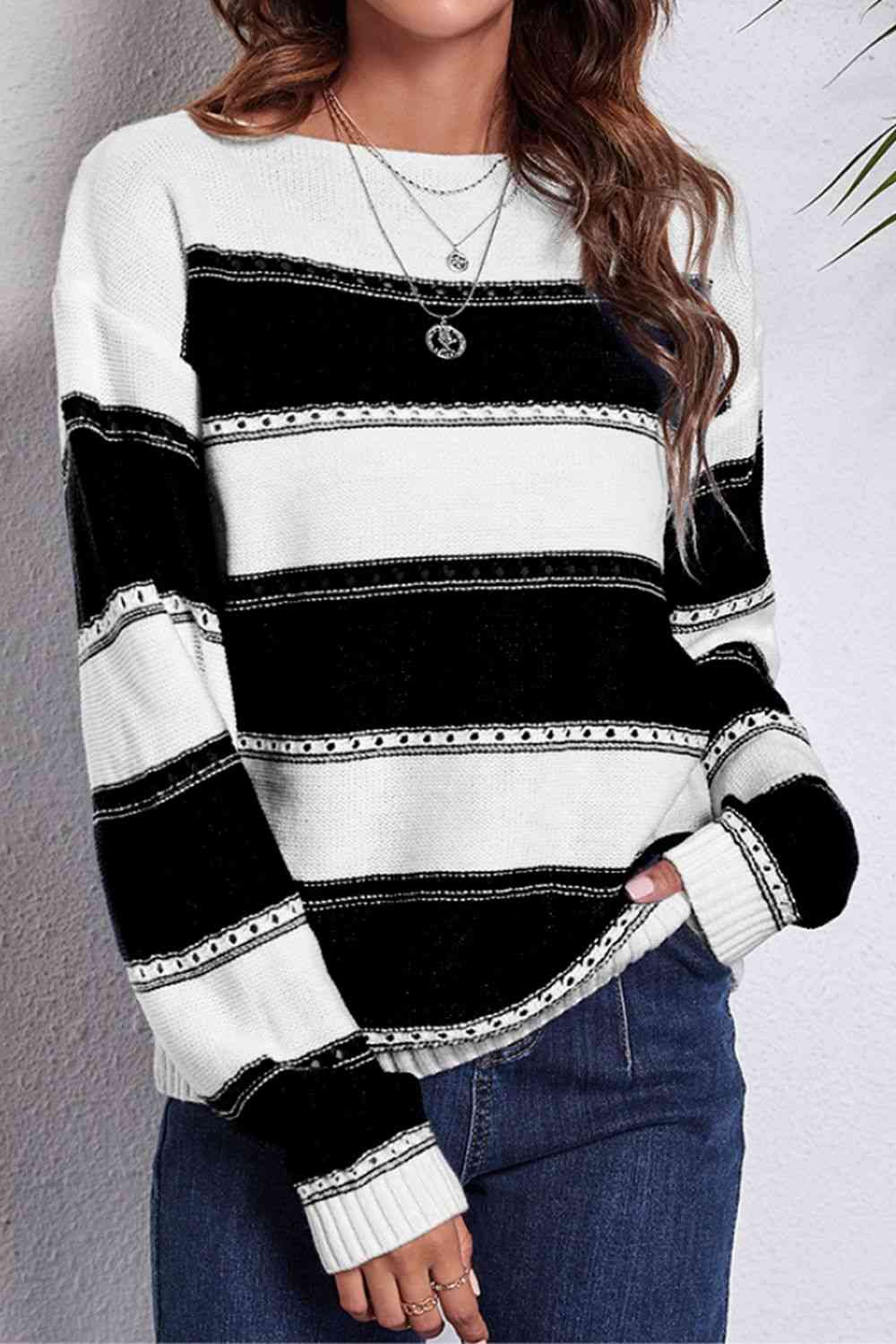 Buy Striped Boat Neck Dropped Shoulder Sweater by B&S