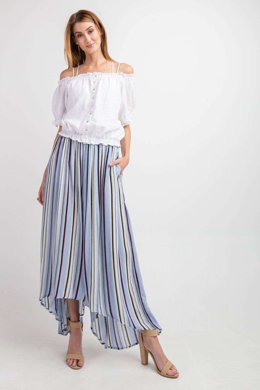 Easel Elastic Waistband Stripe Printed Rayon Gauze Ruffle Pants by Sensual Fashion Boutique