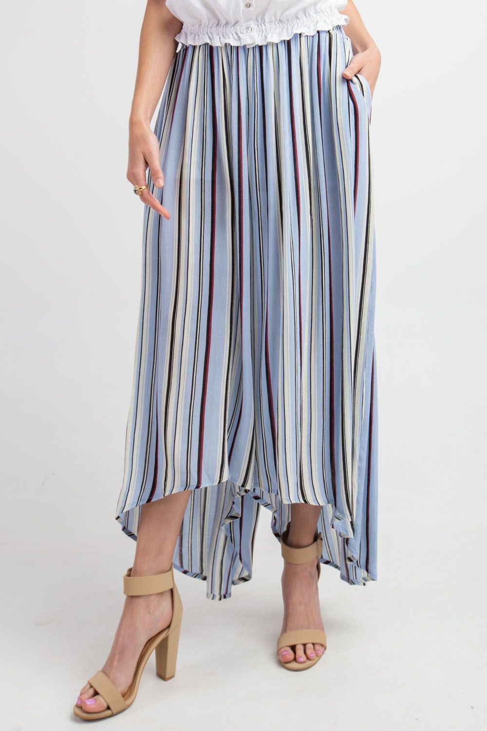 Buy Easel Elastic Waistband Stripe Printed Rayon Gauze Ruffle Pants by Sensual Fashion Boutique by Sensual Fashion Boutique