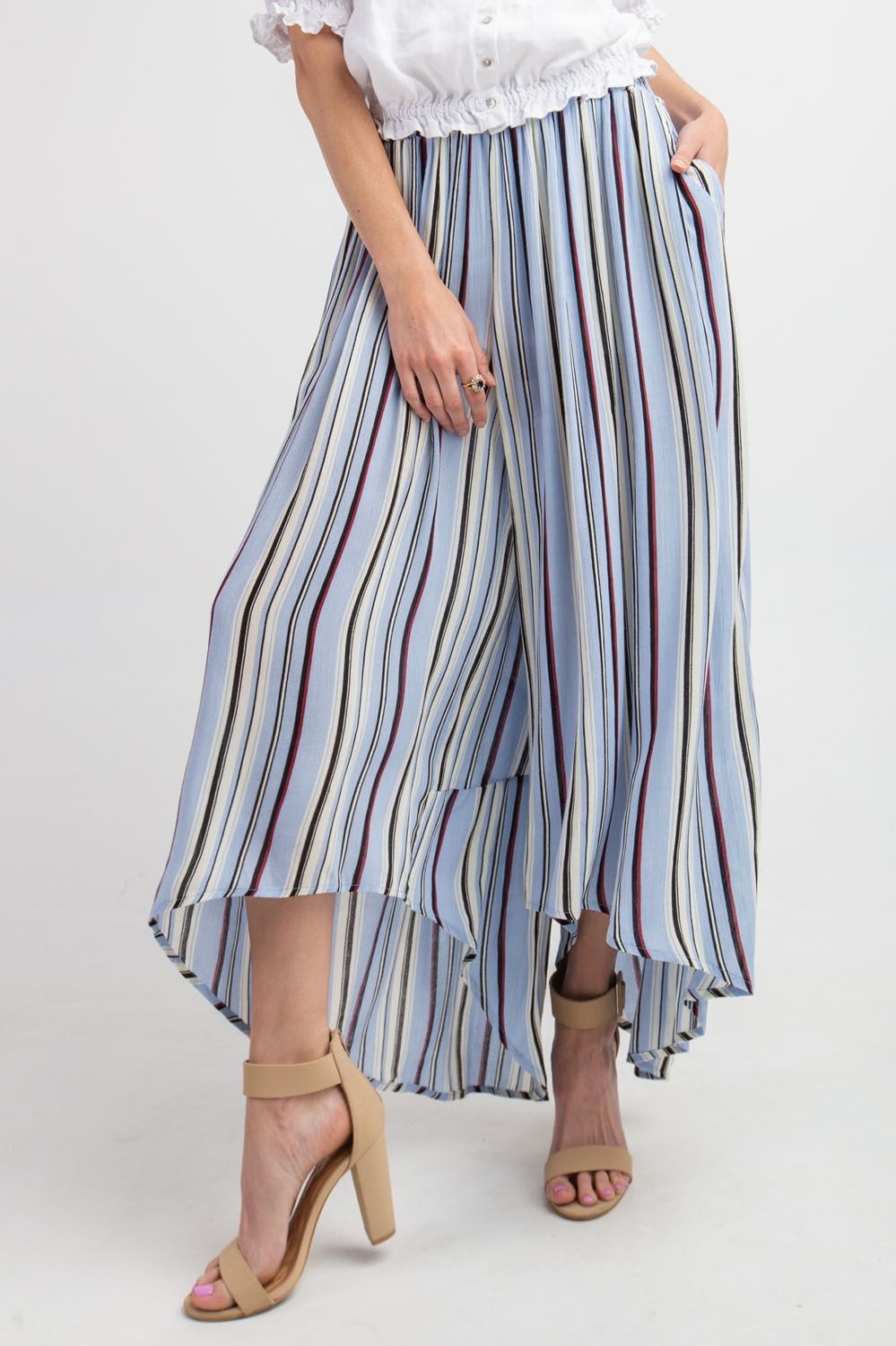 Easel Elastic Waistband Stripe Printed Rayon Gauze Ruffle Pants by Sensual Fashion Boutique