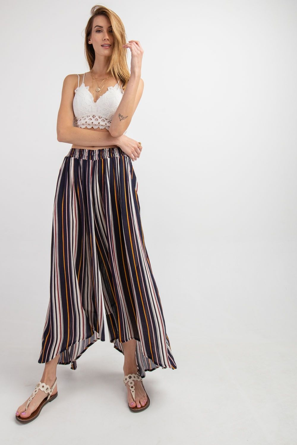 Buy Easel Elastic Waistband Stripe Printed Rayon Gauze Ruffle Pants by Sensual Fashion Boutique by Sensual Fashion Boutique