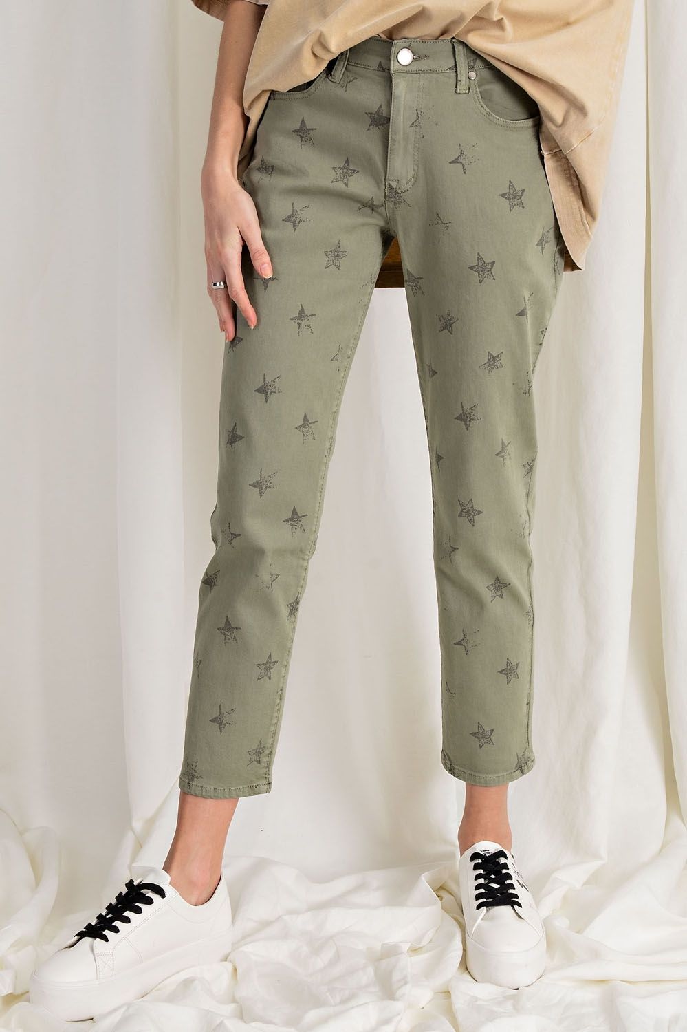 Buy Easel Star Print Distressed Stretch Twill Washed Chino Pants by Sensual Fashion Boutique by Sensual Fashion Boutique