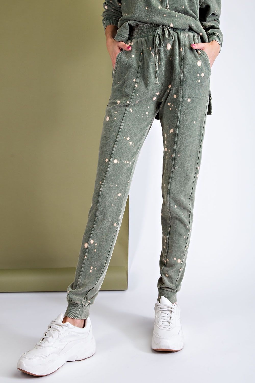 Easel Drawstring Splattered Bleach Out Garment Dye Jogger Pants by Sensual Fashion Boutique