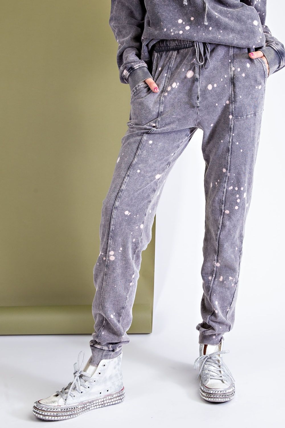 Buy Easel Drawstring Splattered Bleach Out Garment Dye Jogger Pants by Sensual Fashion Boutique by Sensual Fashion Boutique
