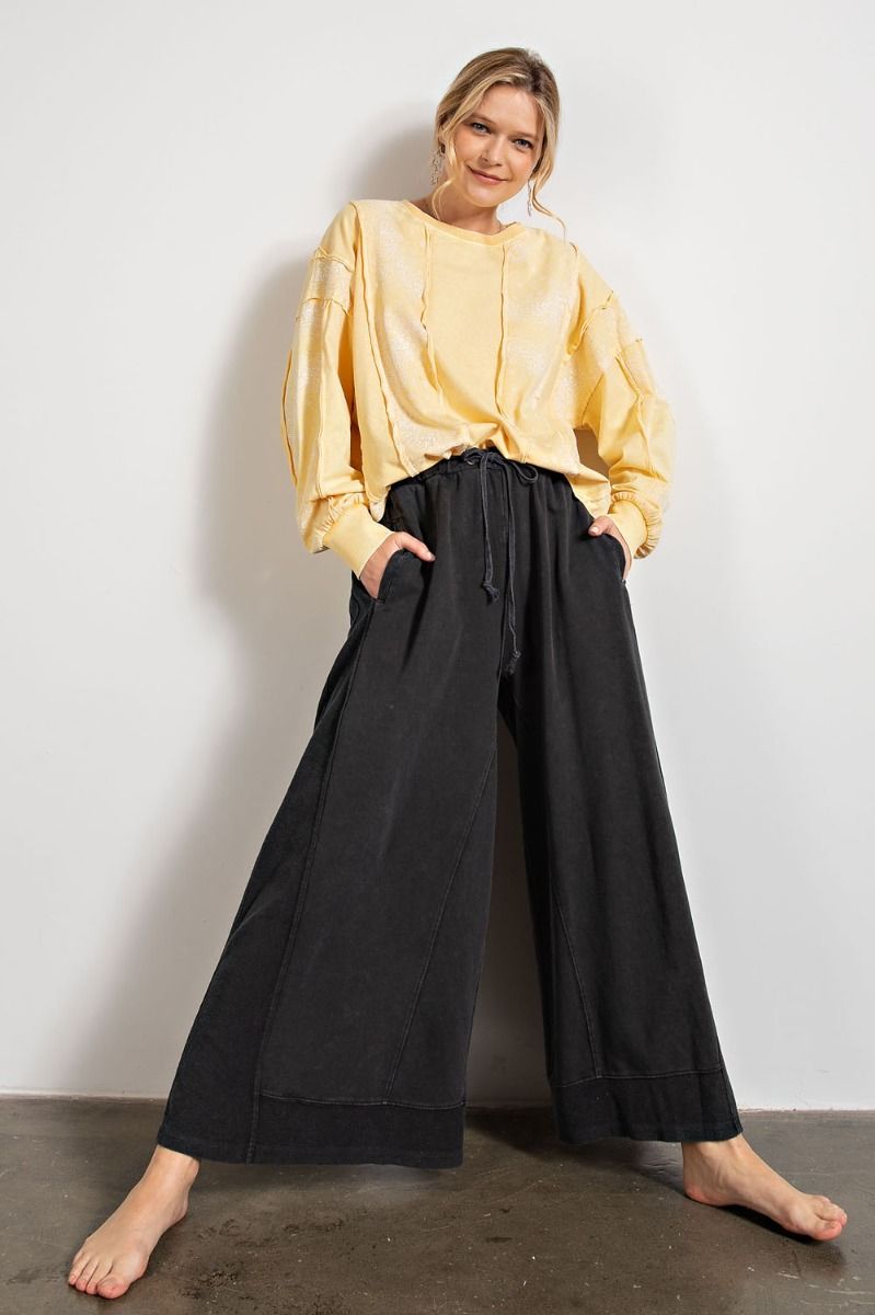 Easel Drawstring Comfy Wear Wide Leg Mineral Washed Pants by Sensual Fashion Boutique