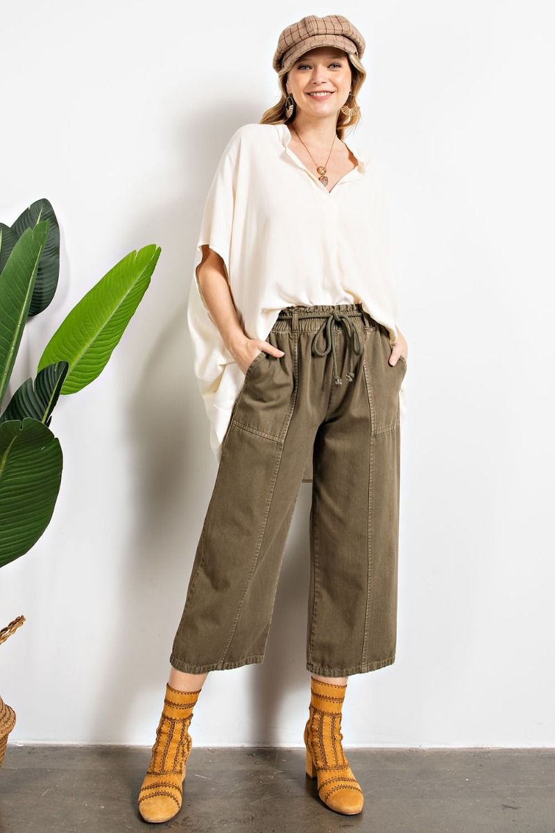 Easel Elastic Waisted Drawstring Garment Dye Twill Cargo Pants by Sensual Fashion Boutique