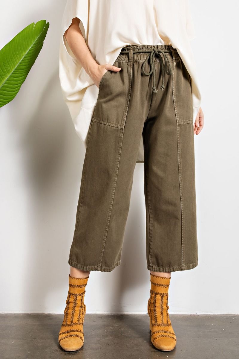 Easel Elastic Waisted Drawstring Garment Dye Twill Cargo Pants by Sensual Fashion Boutique