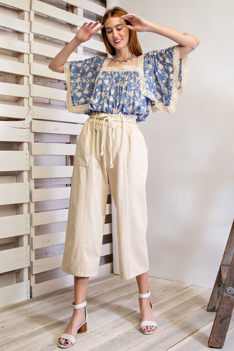 Buy Easel Elastic Waisted Drawstring Garment Dye Twill Cargo Pants by Sensual Fashion Boutique by Sensual Fashion Boutique