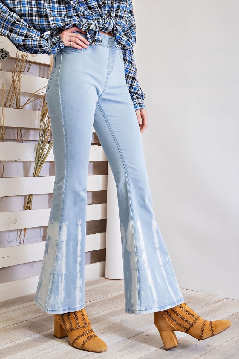 Buy Easel Bamboo Dyed Bell Bottom Washed Denim Jeans Pants by Sensual Fashion Boutique by Sensual Fashion Boutique