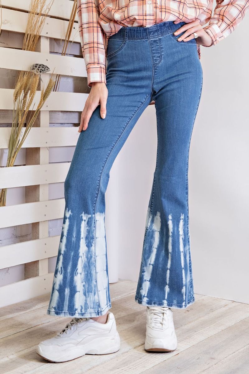 Easel Bamboo Dyed Bell Bottom Washed Denim Jeans Pants by Sensual Fashion Boutique