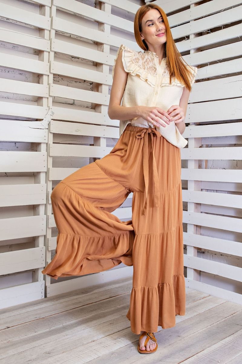 Buy Easel Elastic Waistband Tiered Ruffled Wide Legs Maxi Pants by Sensual Fashion Boutique by Sensual Fashion Boutique