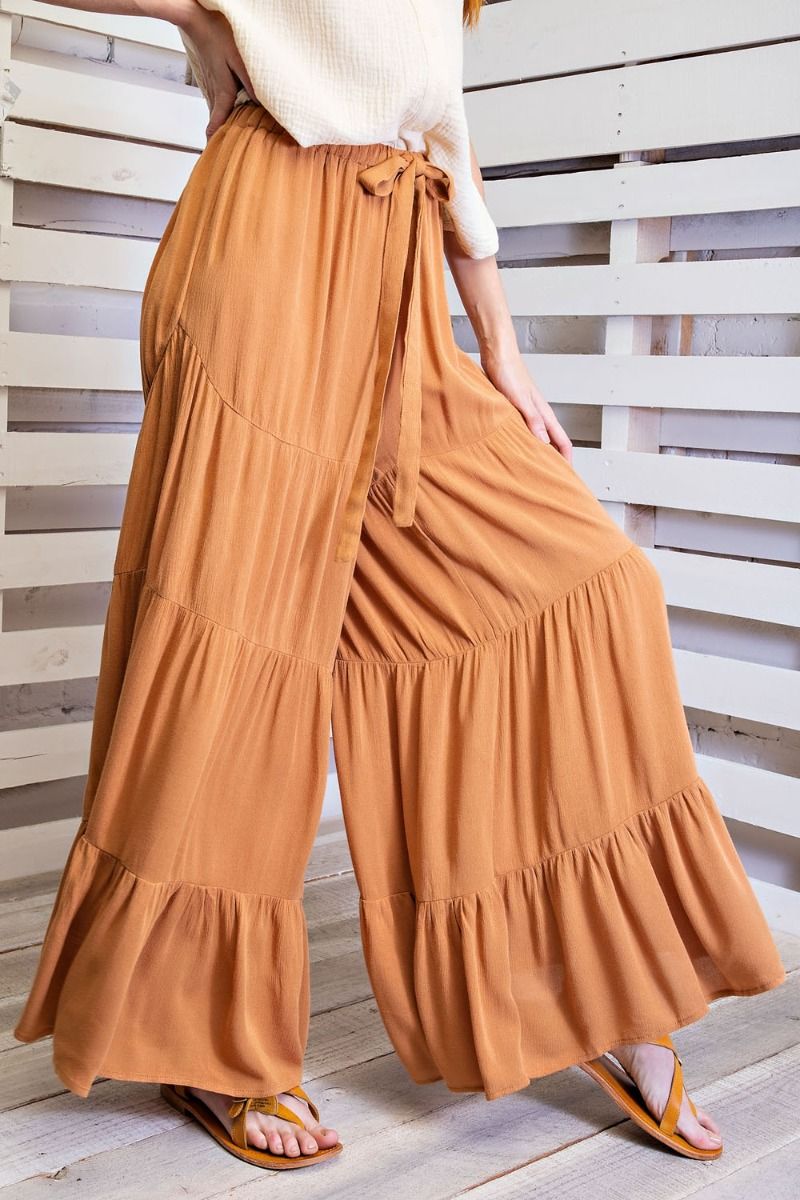 Buy Easel Elastic Waistband Tiered Ruffled Wide Legs Maxi Pants by Sensual Fashion Boutique by Sensual Fashion Boutique