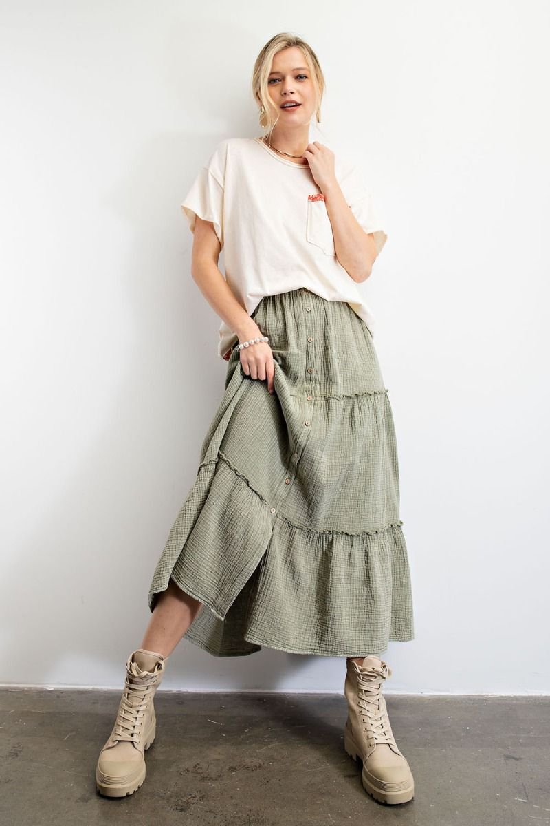Easel Elasticized Waistband Mineral Washed Cotton Gauze Skirts