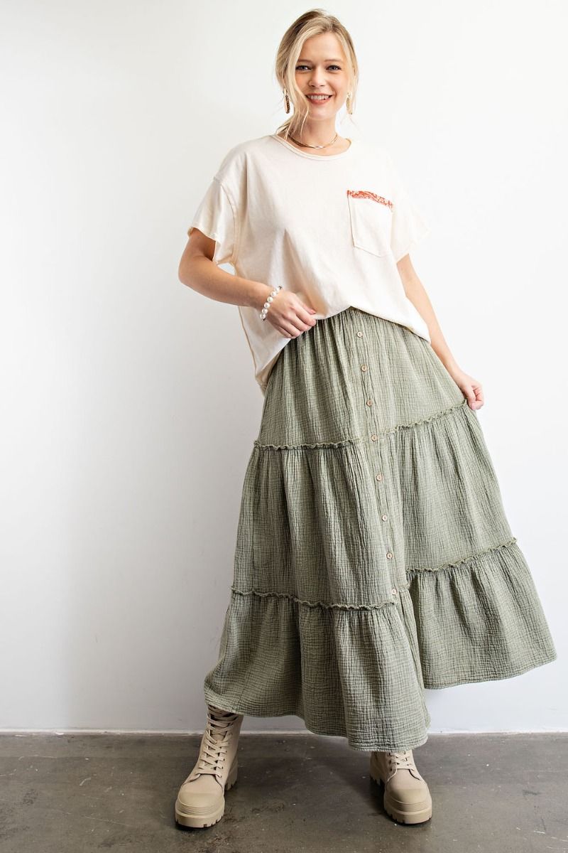 Easel Elasticized Waistband Mineral Washed Cotton Gauze Skirts