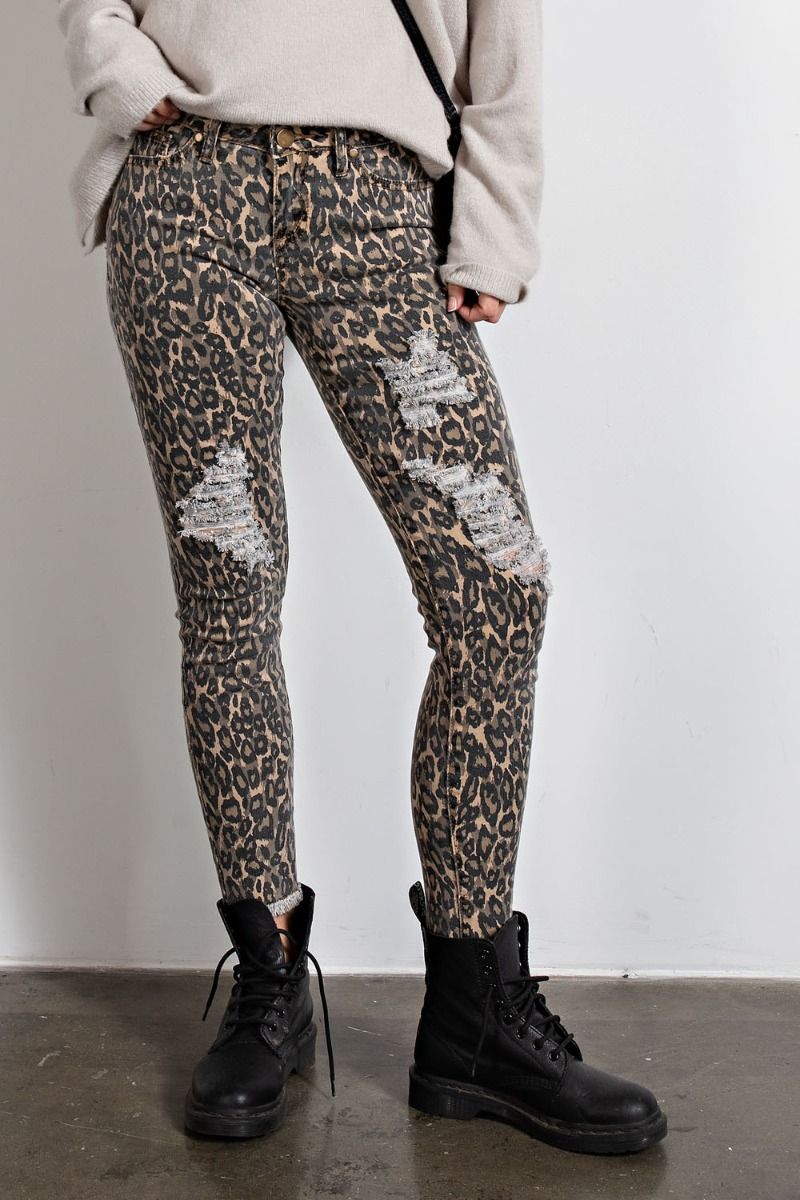 Buy Easel Animal Leopard Printed Self Distressed Ankle Cut Pants by Sensual Fashion Boutique by Sensual Fashion Boutique