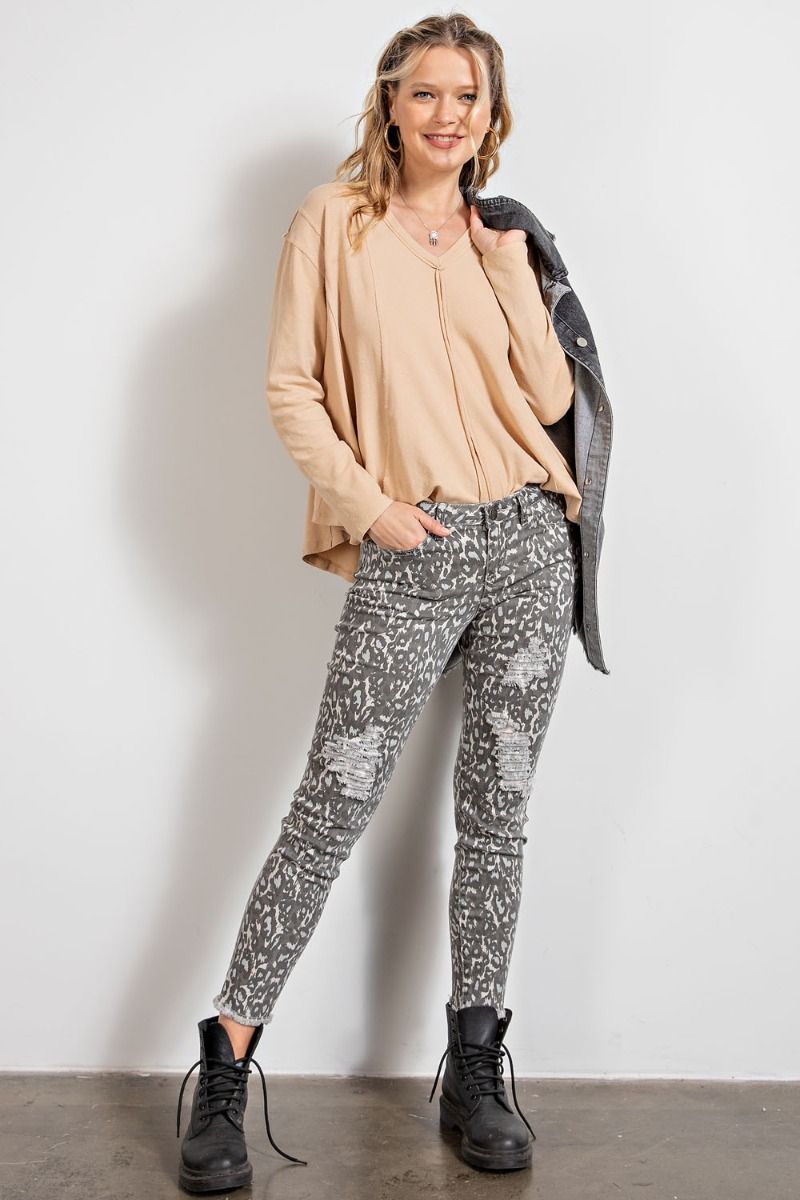 Easel Animal Leopard Printed Self Distressed Ankle Cut Pants by Sensual Fashion Boutique